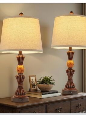 Rustic Amber Table Lamp with Beige Shade - Home Accents 2 lamps set